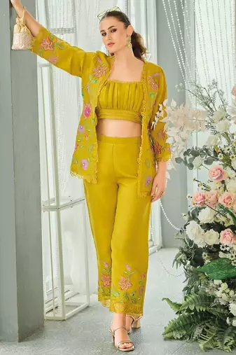 Lemon green indowestern crop top, jacket and palazzo set