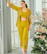 Lemon green indowestern crop top, jacket and palazzo set