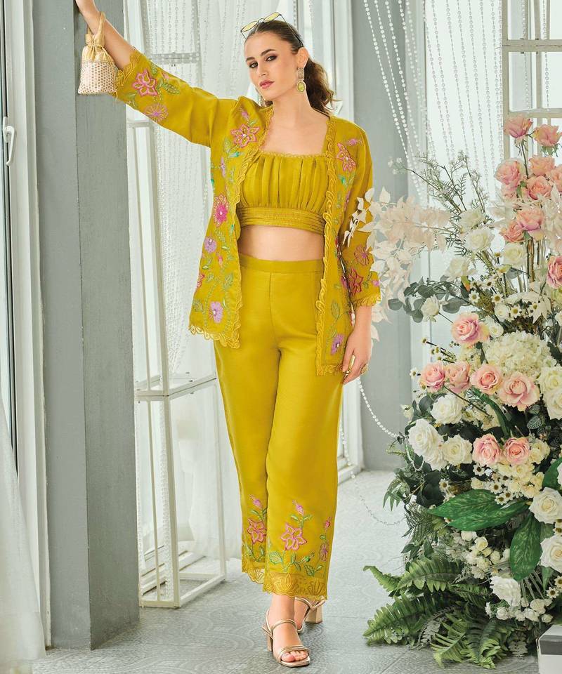 Lemon green indowestern crop top, jacket and palazzo set