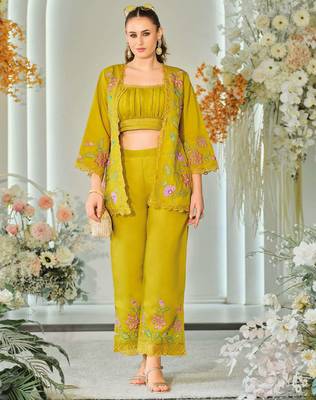 Lemon green indowestern crop top, jacket and palazzo set 2