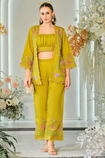 Lemon green indowestern crop top, jacket and palazzo set