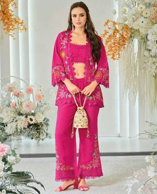 Dark pink indowestern crop top, jacket and palazzo set 1