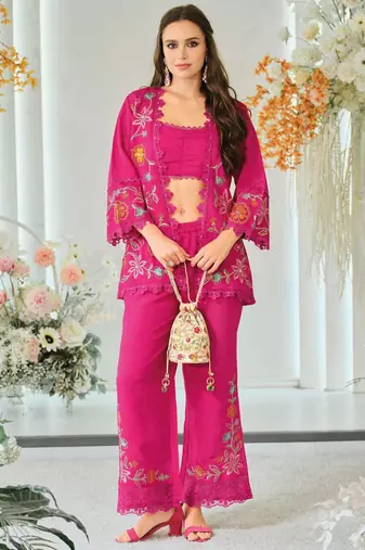 Dark pink indowestern crop top, jacket and palazzo set