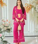 Dark pink indowestern crop top, jacket and palazzo set
