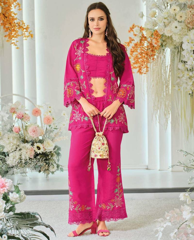 Dark pink indowestern crop top, jacket and palazzo set