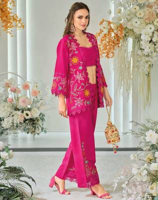 Dark pink indowestern crop top, jacket and palazzo set 2