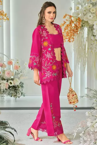 Dark pink indowestern crop top, jacket and palazzo set