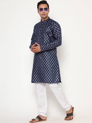 Men's festive navy blue printed kurta with white churidar 4