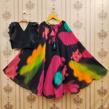 Black printed faux georgette lehenga and choli for girls 1