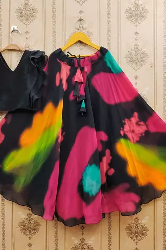 Black printed faux georgette lehenga and choli for girls