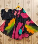 Black printed faux georgette lehenga and choli for girls