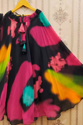 Black printed faux georgette lehenga and choli for girls