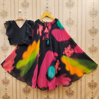 Black printed faux georgette lehenga and choli for girls 3