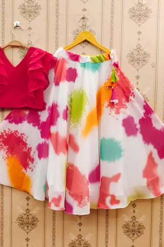 Pink printed faux georgette lehenga and choli for girls