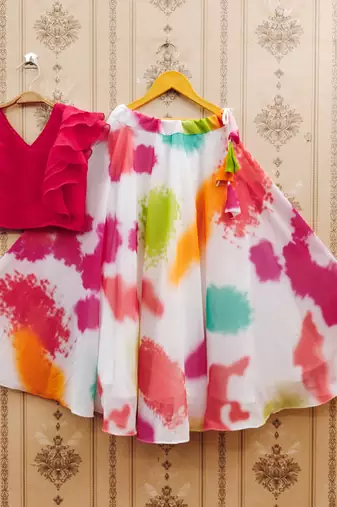 Pink printed faux georgette lehenga and choli for girls