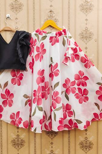 Black printed faux georgette lehenga and choli for girls