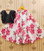 Black printed faux georgette lehenga and choli for girls