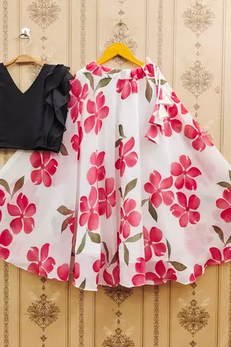 Black printed faux georgette lehenga and choli for girls