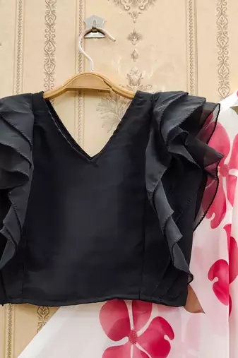 Black printed faux georgette lehenga and choli for girls