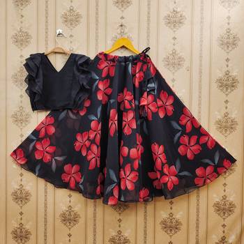 Black printed faux georgette lehenga and choli for girls 1