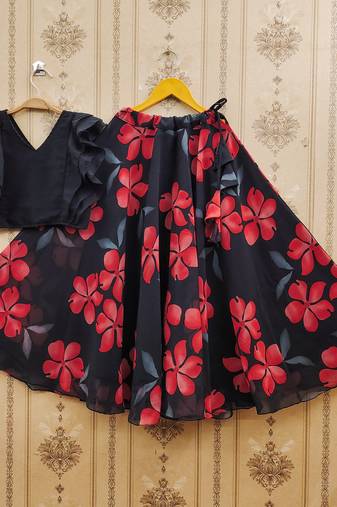 Black printed faux georgette lehenga and choli for girls