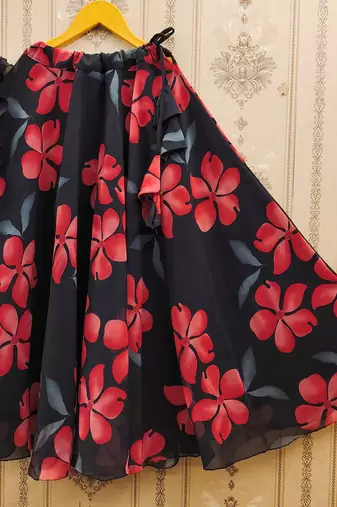 Black printed faux georgette lehenga and choli for girls