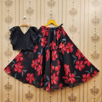 Black printed faux georgette lehenga and choli for girls 3