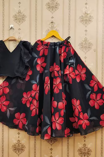Black printed faux georgette lehenga and choli for girls
