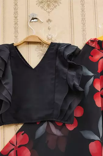 Black printed faux georgette lehenga and choli for girls