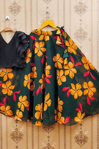 Black printed faux georgette lehenga and choli for girls