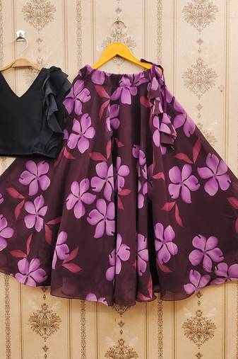 Black printed faux georgette lehenga and choli for girls