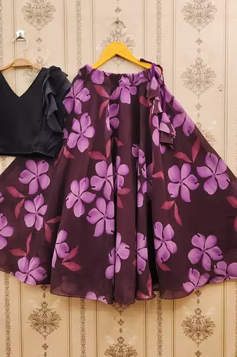 Black printed faux georgette lehenga and choli for girls