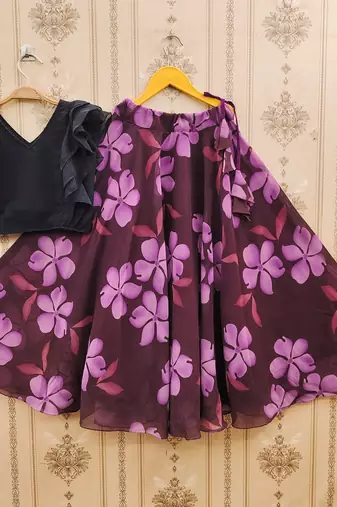 Black printed faux georgette lehenga and choli for girls
