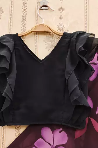 Black printed faux georgette lehenga and choli for girls