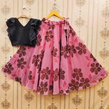 Black printed faux georgette lehenga and choli for girls 1
