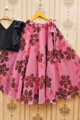 Black printed faux georgette lehenga and choli for girls