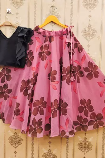 Black printed faux georgette lehenga and choli for girls