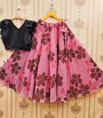 Black printed faux georgette lehenga and choli for girls