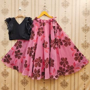 Black printed faux georgette lehenga and choli for girls 3