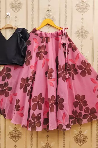 Black printed faux georgette lehenga and choli for girls