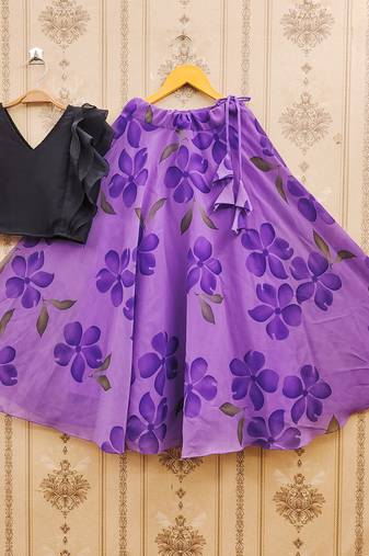 Black printed faux georgette lehenga and choli for girls