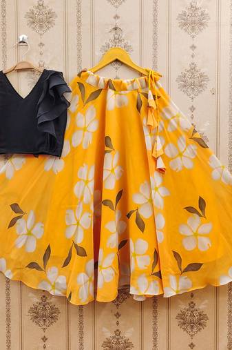 Black printed faux georgette lehenga and choli for girls