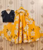 Black printed faux georgette lehenga and choli for girls