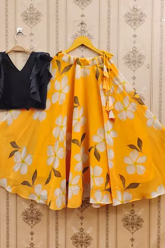 Black printed faux georgette lehenga and choli for girls