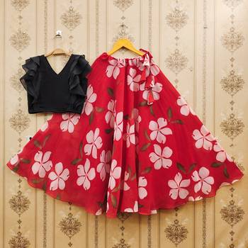 Black printed faux georgette lehenga and choli for girls 1