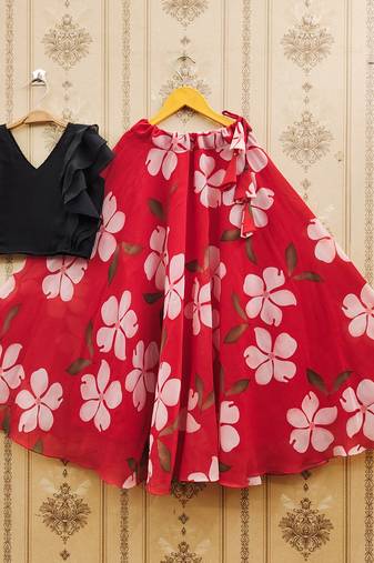 Black printed faux georgette lehenga and choli for girls