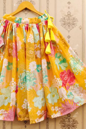 Yellow printed chanderi silk lehenga and choli for girls