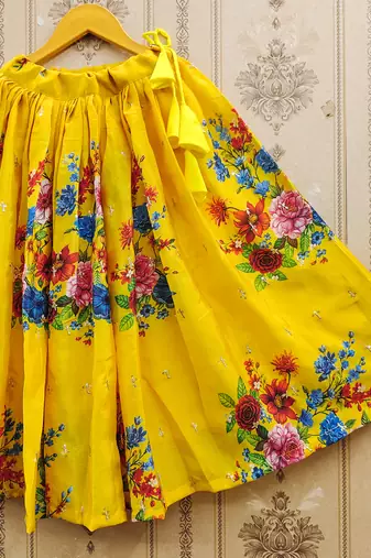 Yellow printed chanderi silk lehenga and choli for girls