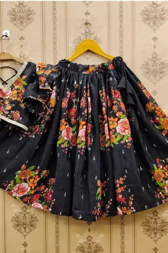 Black printed chanderi silk lehenga and choli for girls