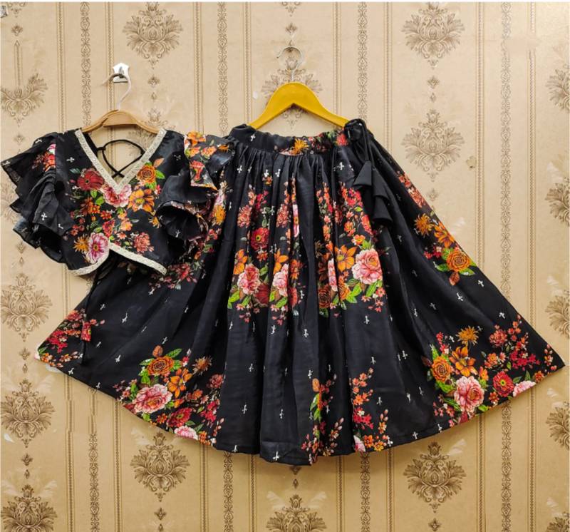 Black printed chanderi silk lehenga and choli for girls